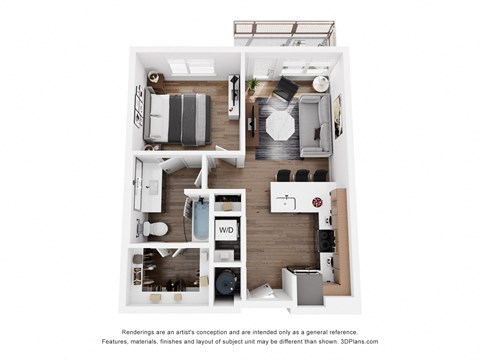 Floor plan for 1 bed, 1 bath, 657 sqft